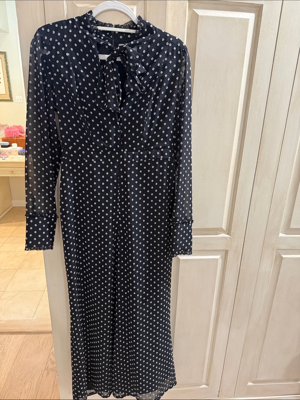 Alexis Black Midi Dress with White Polka Dots and Tie Neck